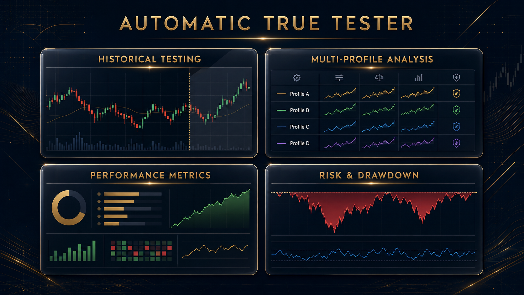 Automatic True Tester panels showing historical testing, performance metrics and risk analysis